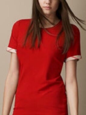 Burberry Brit Nova Check Sleeve Cuff Red Stretch Jersey T-Shirt Womens Medium